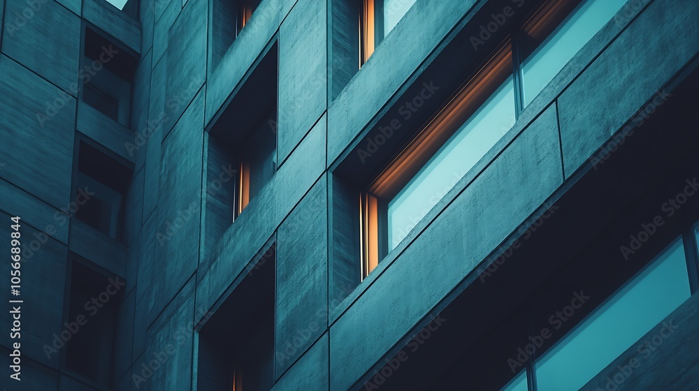 Aufkleber modern architectural building facade with geometric patterns and glowing window lights : generative 