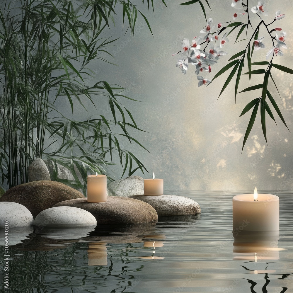 Poster a serene scene of a pond with candles and a tree branch. the candles are lit and floating on the wat