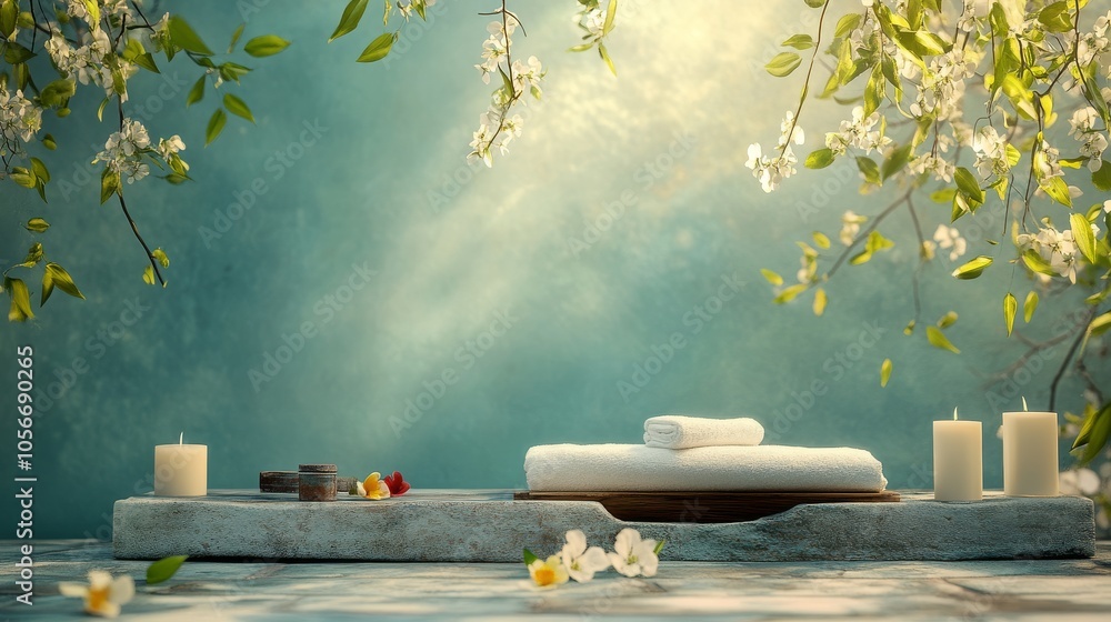 Poster a table with candles and flowers on it. the table is set up for a relaxing atmosphere