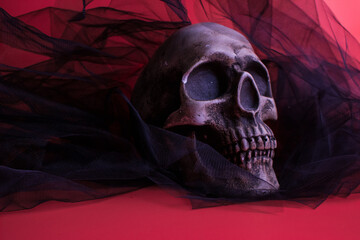  A human skull on a red background around which is black satin.