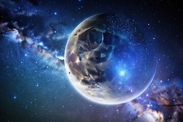 Close-up of a new moon in the dark sky with stars and galaxies, nighttime view, astronomical event, dark sky