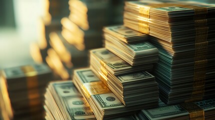 Wealth symbol, stacks of cash, luxury banking, high net worth, elegant financial visuals