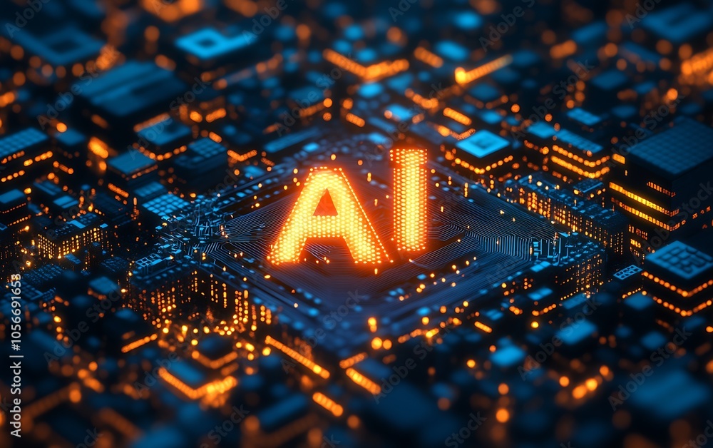 Poster futuristic ai technology concept with digital circuitry and glowing letters : generative ai