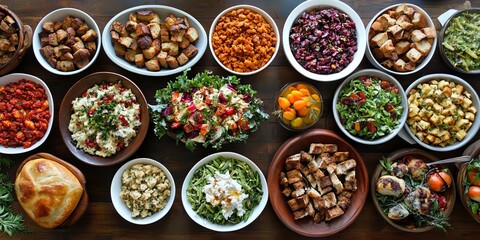 Overhead shot of a Thanksgiving table with a variety of side dishes and salads.