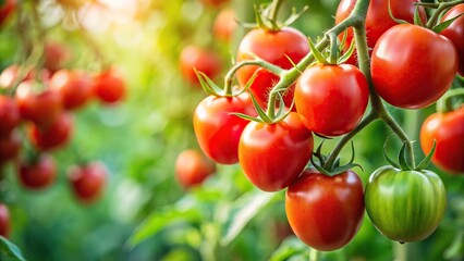 Close-up of red ripe tomatoes hanging from a leafy green tomato plant stem, tomato plant, produce