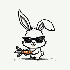 Cute bunny holding a carrot vector illustration. Funny bunny mascot logo idea. Rabbit wearing a sunglass cartoon vector 