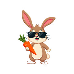 Fototapeta premium Cute bunny holding a carrot vector illustration. Funny bunny mascot logo idea. Rabbit wearing a sunglass cartoon vector 