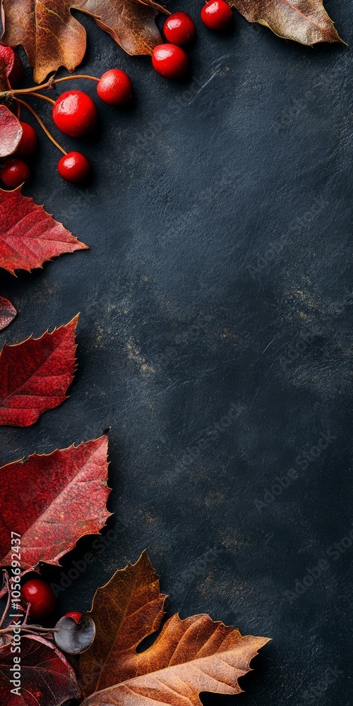 Aufkleber a black background with red leaves and berries. the leaves are arranged in a way that they form a bo