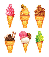 Various ice cream cones with different toppings and flavors. Vector cartoon illustration