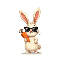 Cute bunny holding a carrot vector illustration. Funny bunny mascot logo idea. Rabbit wearing a sunglass cartoon vector 