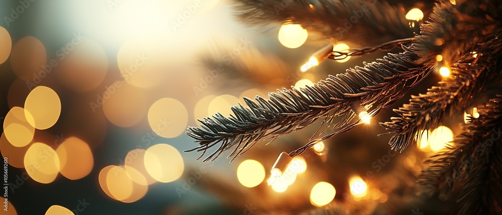 Aufkleber warm festive christmas tree branch decorated with twinkling lights and bokeh backdrop : generative a