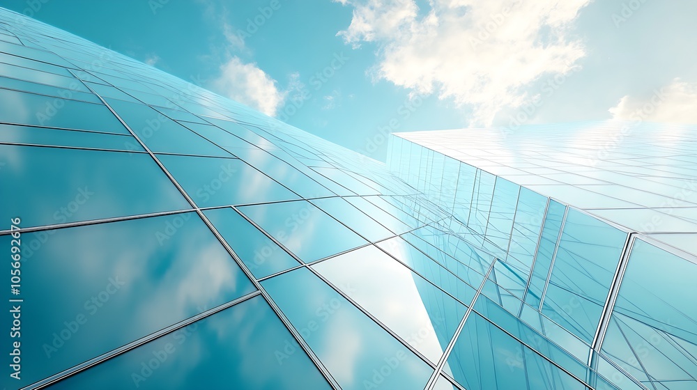 Poster Modern Glass Building Reflecting Sky and Clouds in Architectural Design : Generative AI