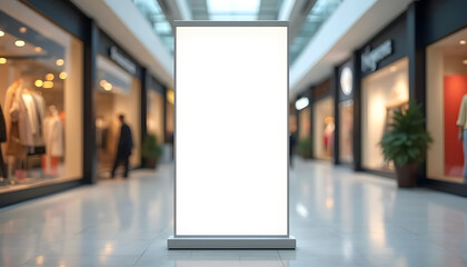 Blank advertising display stand in shopping mall corridor with copy space and blurred storefronts