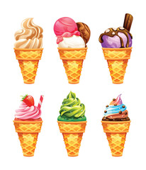 Set of ice cream cones with various flavors, toppings, and swirled designs. Vector cartoon illustration