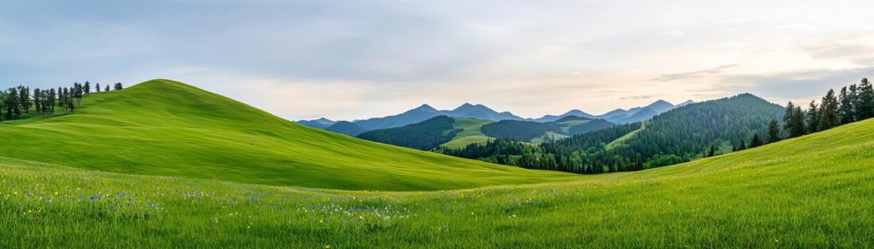 Breathtaking panoramic view of lush green hills under a cloudy sky, showcasing the beauty of nature and serene landscapes.