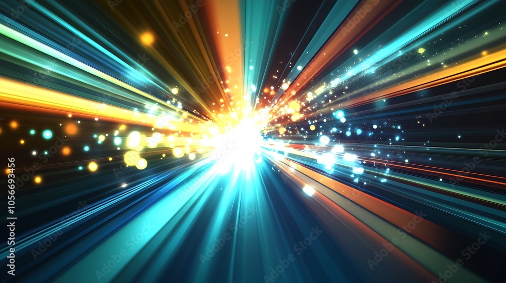 Poster abstract colorful burst of light streaks and sparkles on dark background : generative ai