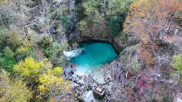 Albania Alps. Theth village autumn colors, Theth blue eye river