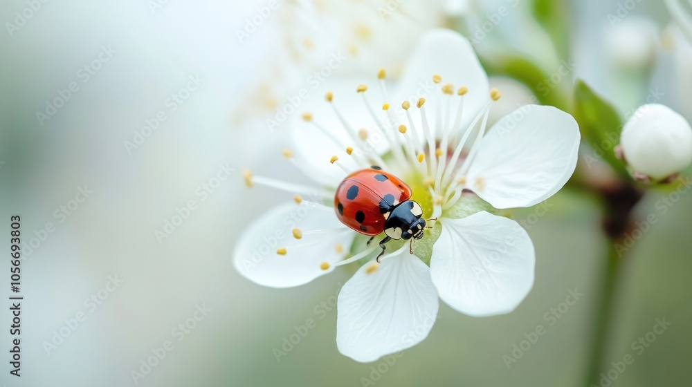 Poster close up of a red ladybug navigating a fragile white flower showcasing the essence of springtime bea