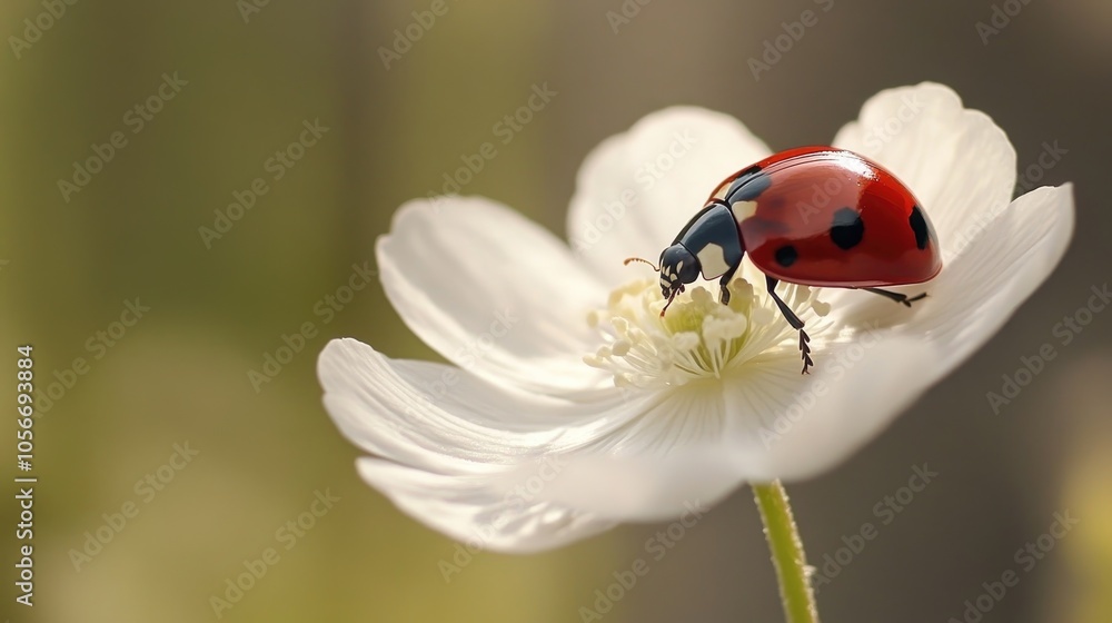Poster close up of a red ladybug navigating a fragile white flower showcasing the essence of springtime bea