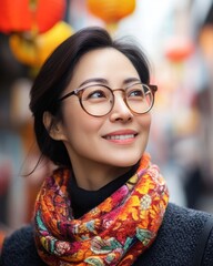 Woman in a Colorful Scarf Walking Through Market