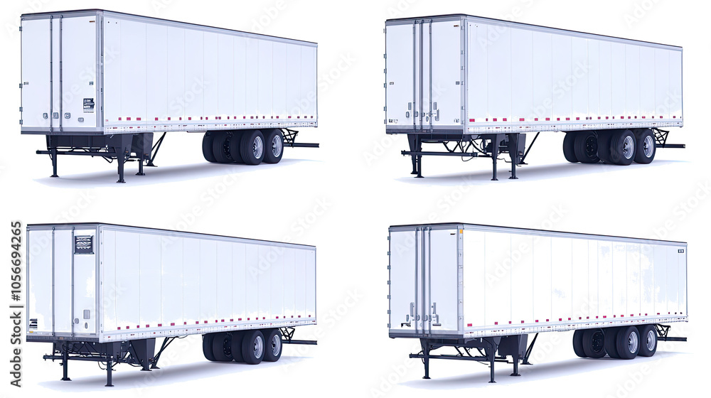 Poster white trailer trucks displayed from four distinct side views generative ai