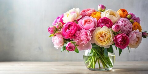 Obraz premium Colorful peonies and roses blooming in a large vase against a subtle background, roses, home decor