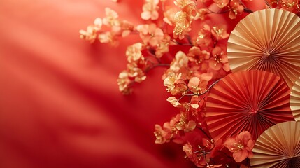 Obraz premium Soft and Vibrant Red Floral Arrangement with Fan on Warm Background : Generative AI
