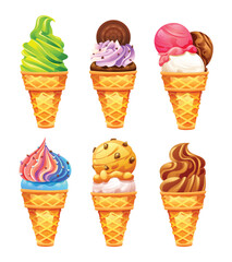 Colorful ice cream cones with unique flavors and toppings, featuring chocolate, cookies, and sprinkles. Vector cartoon illustration