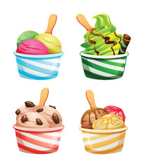 Four scoops of ice cream with wooden spoons in various flavors. Vector cartoon illustration