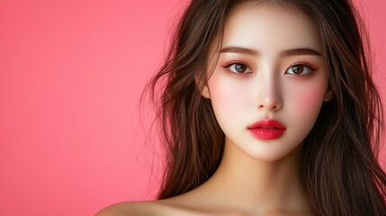 Naklejka premium Beautiful Young Woman with Bold Makeup Posing Against a Vibrant Coral Background : Generative AI