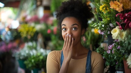 Fototapeta premium Surprised Woman in Flower Shop with Natural Hair and Expressive Expression : Generative AI
