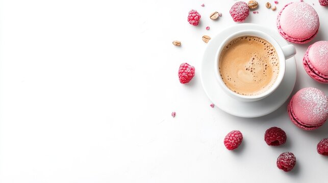 Cup of coffee accompanied by raspberry macarons on a white background Concept for holiday treats with space for text Banner design
