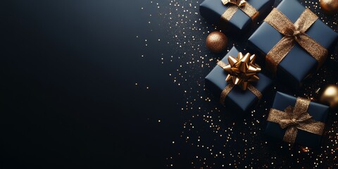 A black background with gold ribbons and a gold bow on top of a stack of black boxes