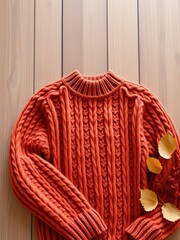 Obraz premium Cozy thick wool sweater in warm autumn colors on wooden background, cozy, seasonal