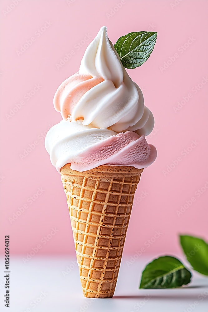 Aufkleber vanilla strawberry ice cream cone with fresh mint leaf on pink background : generative ai