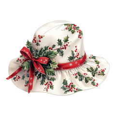 Fototapeta premium A festive, floral-patterned hat adorned with holly and a red ribbon, perfect for holiday celebrations and winter events.