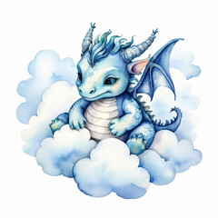 A blue dragon sleeps peacefully on fluffy clouds in a watercolor dream.