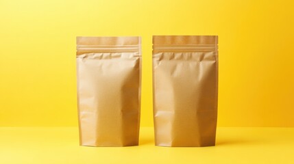 Brown kraft paper doypack bags featuring groceries are displayed from the front against a yellow backdrop Ideal mock up for food and goods packaging with transparent windows for weighing products