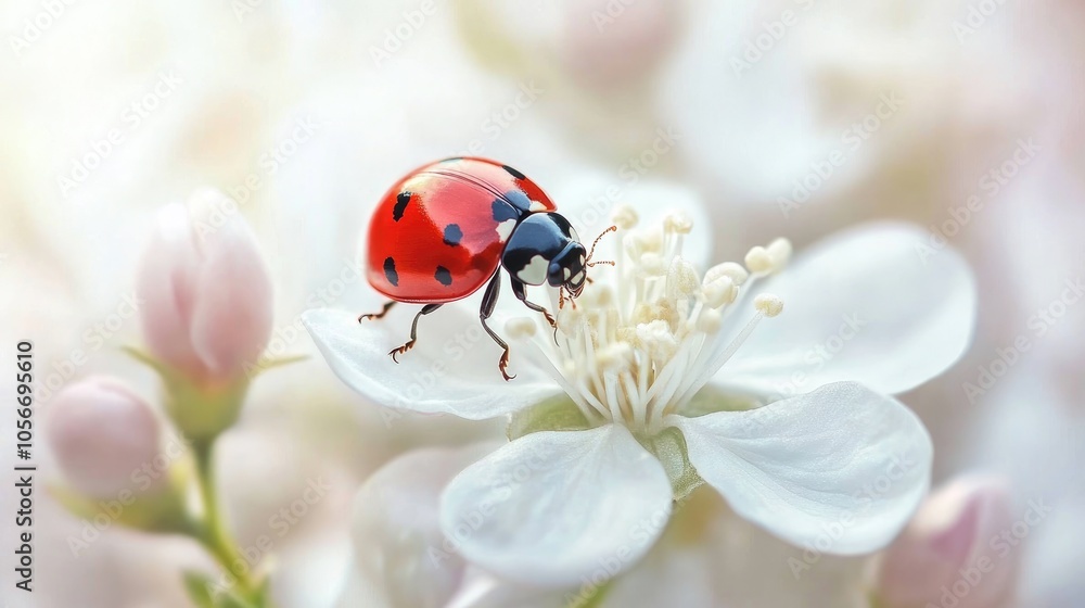 Poster close up of a red ladybug navigating a fragile white flower showcasing the essence of springtime bea