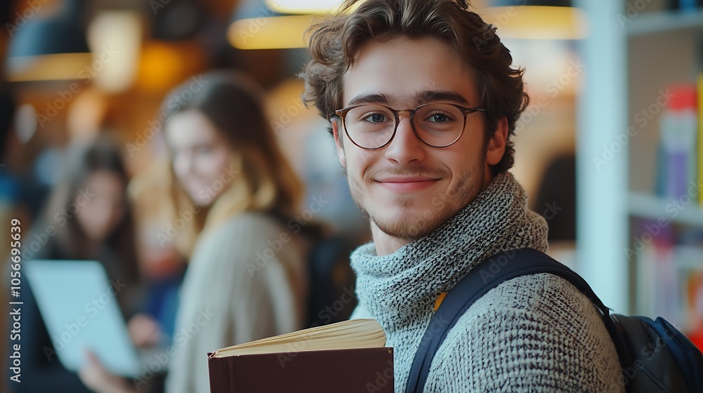 Poster smiling university student holding book in cozy library setting : generative ai