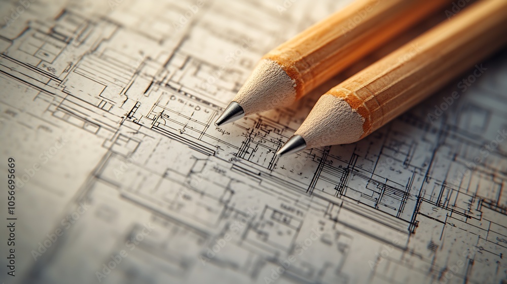 Poster Close Up of Architectural Blueprint with Precision Drawing Pencils on Top : Generative AI