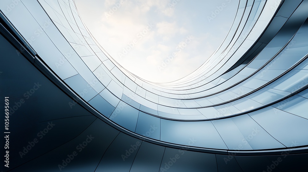 Poster Abstract View of Curved Glass Facade with Skylight Reflection : Generative AI