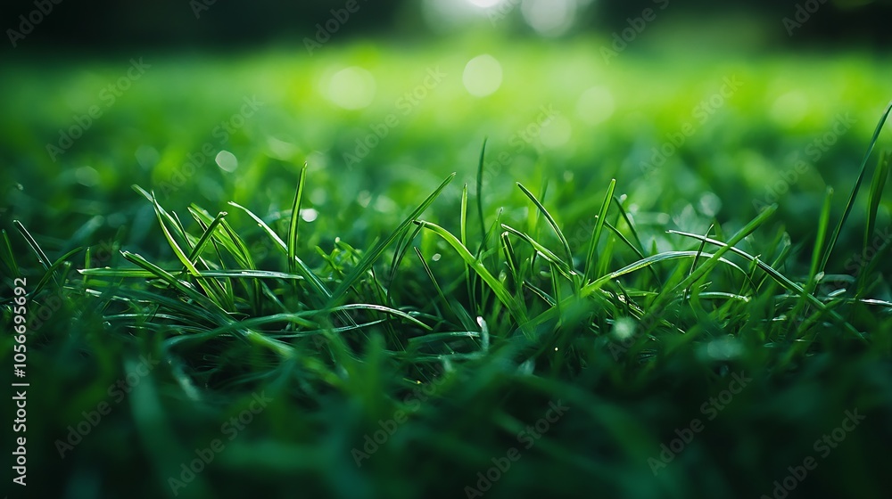 Poster Lush green grass in soft focus capturing the tranquility of nature and springtime : Generative AI