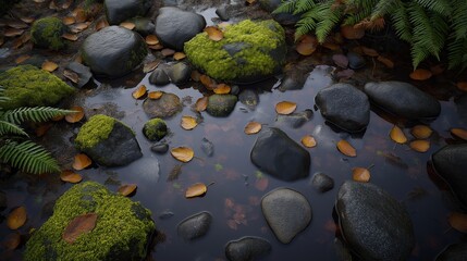 Fototapeta premium Pond with moss and rocks. The water is murky and the rocks are scattered throughout the pond