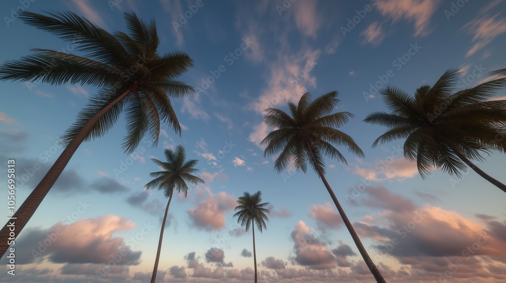 Poster beautiful tropical scene with palm trees and a cloudy sky. the sky is a mix of blue and pink, creati