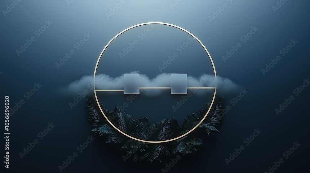 Poster blue background with a gold circle in the middle. the circle has a tree in it and the background has