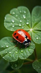 Obraz premium Captivating Macro Shot of a Vibrant Red Ladybug Resting on a Lush Four-Leaf Clover, Perfect for Nature Lovers and Insect Enthusiasts