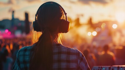 Naklejka premium Attractive young female DJ with headphones energetically performing music at a vibrant summer festival