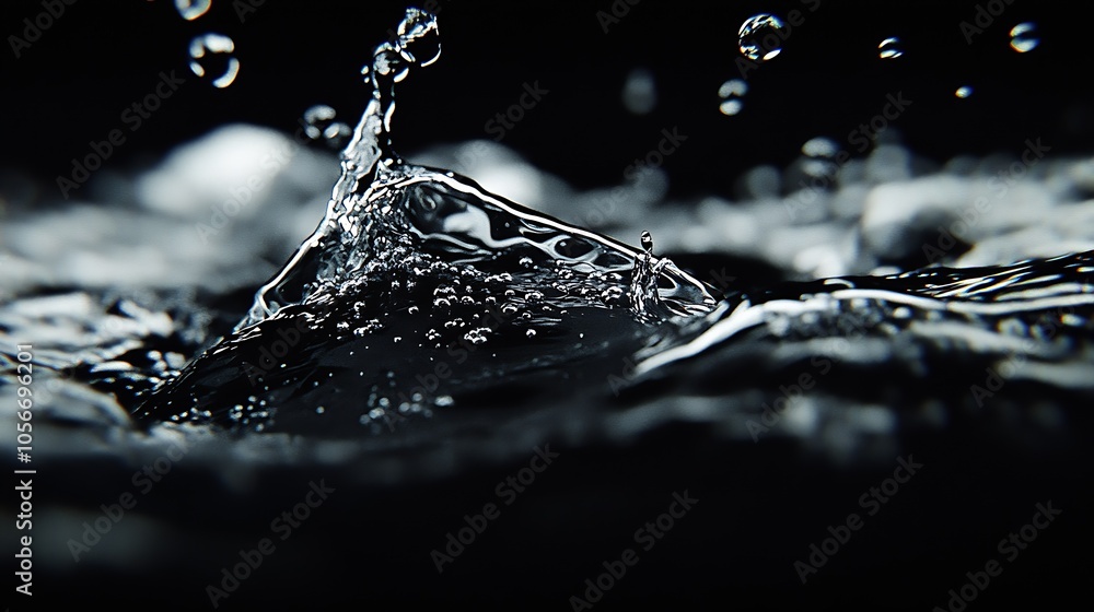 Poster close up of water splash droplet in dark artistic macro photography : generative ai