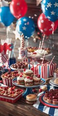 Fototapeta premium Casual indoor Memorial Day BBQ with red, white, and blue decorations.